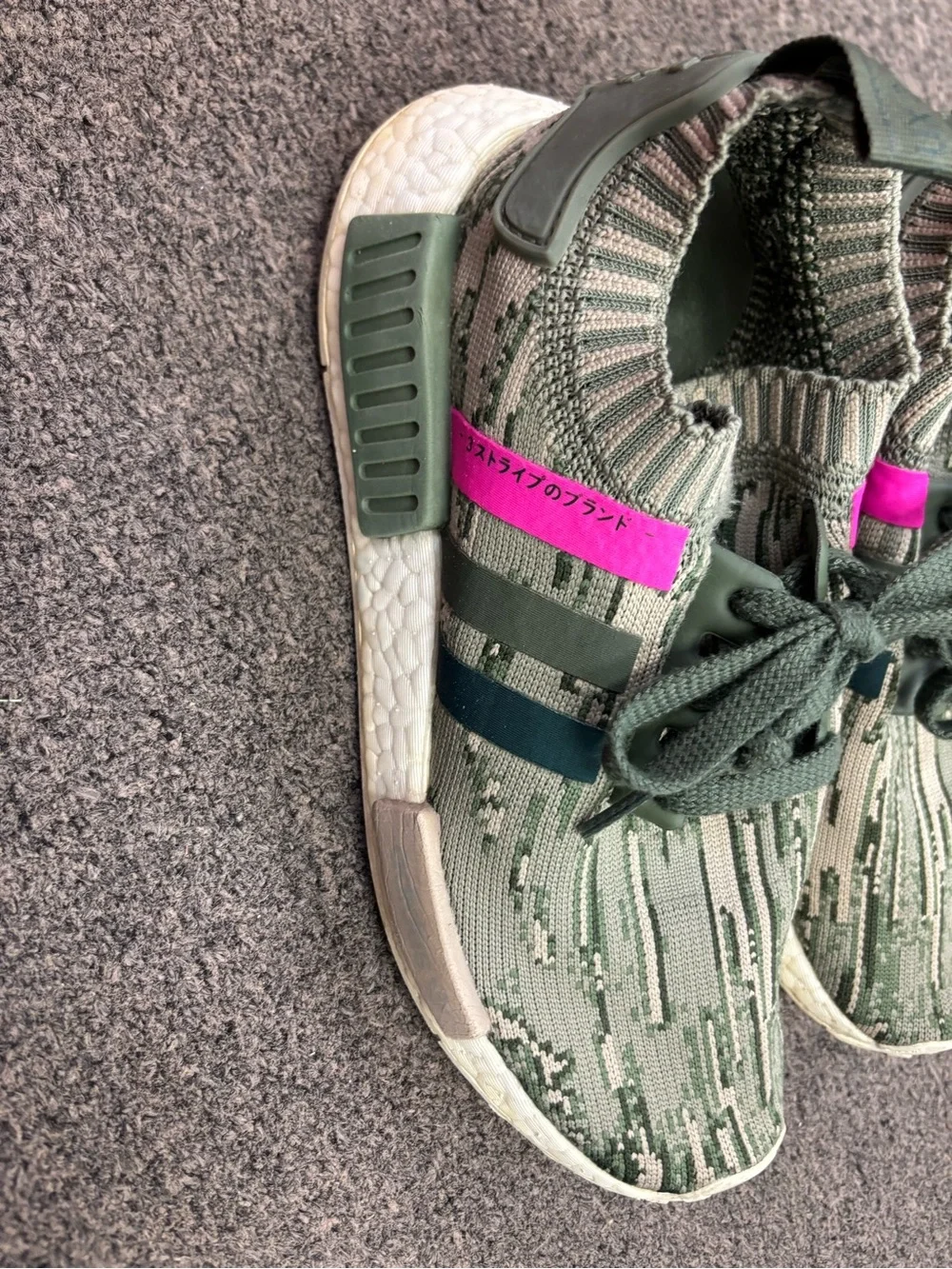 Women adidas Olive Green Knit Sneaker with Pink Pull Tab